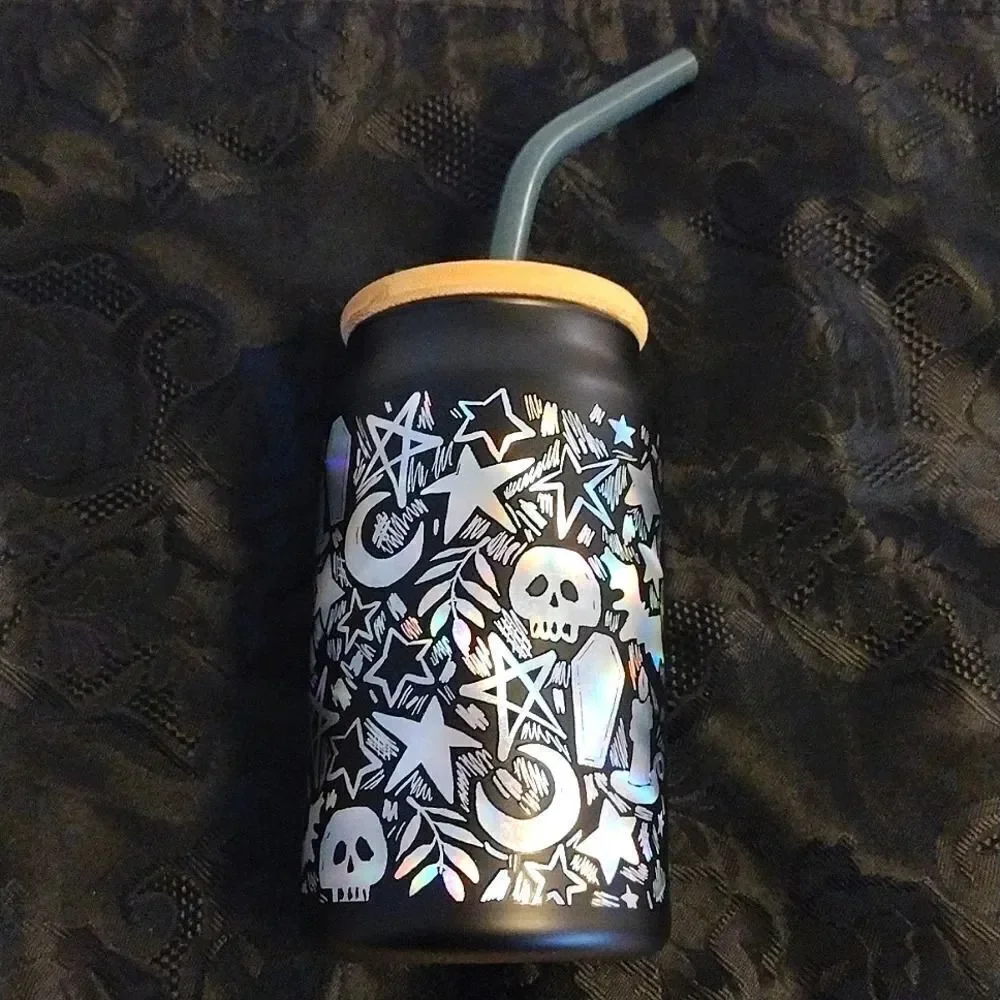 Halloween Black Iridescent‎ Skulls Printed Glass Coffee Cup with Straw NWT